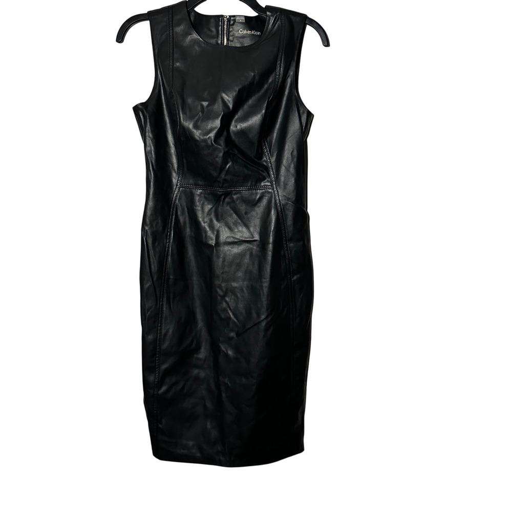 Calvin Klein Womens Black Faux Leather Sleeveless Sheath Dress Size 6 Gold Zip